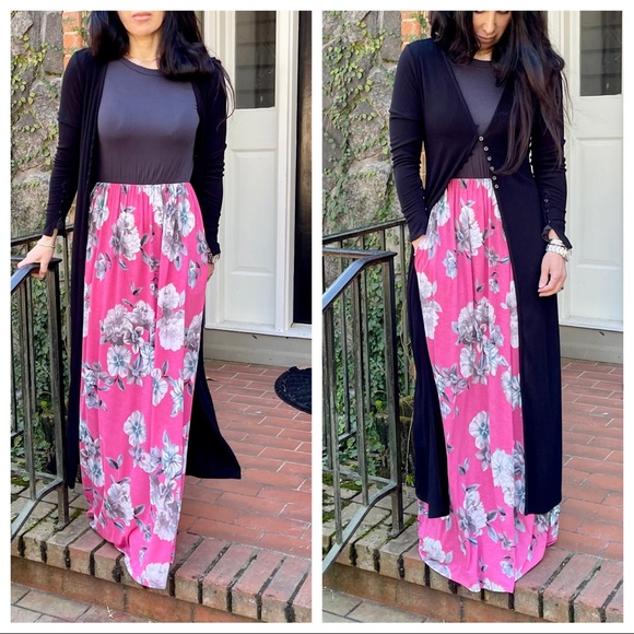 ✨LAST ONE✨CHARCOAL FLORAL SIDE POCKETS MAXI DRESS - Picture 11 of 13